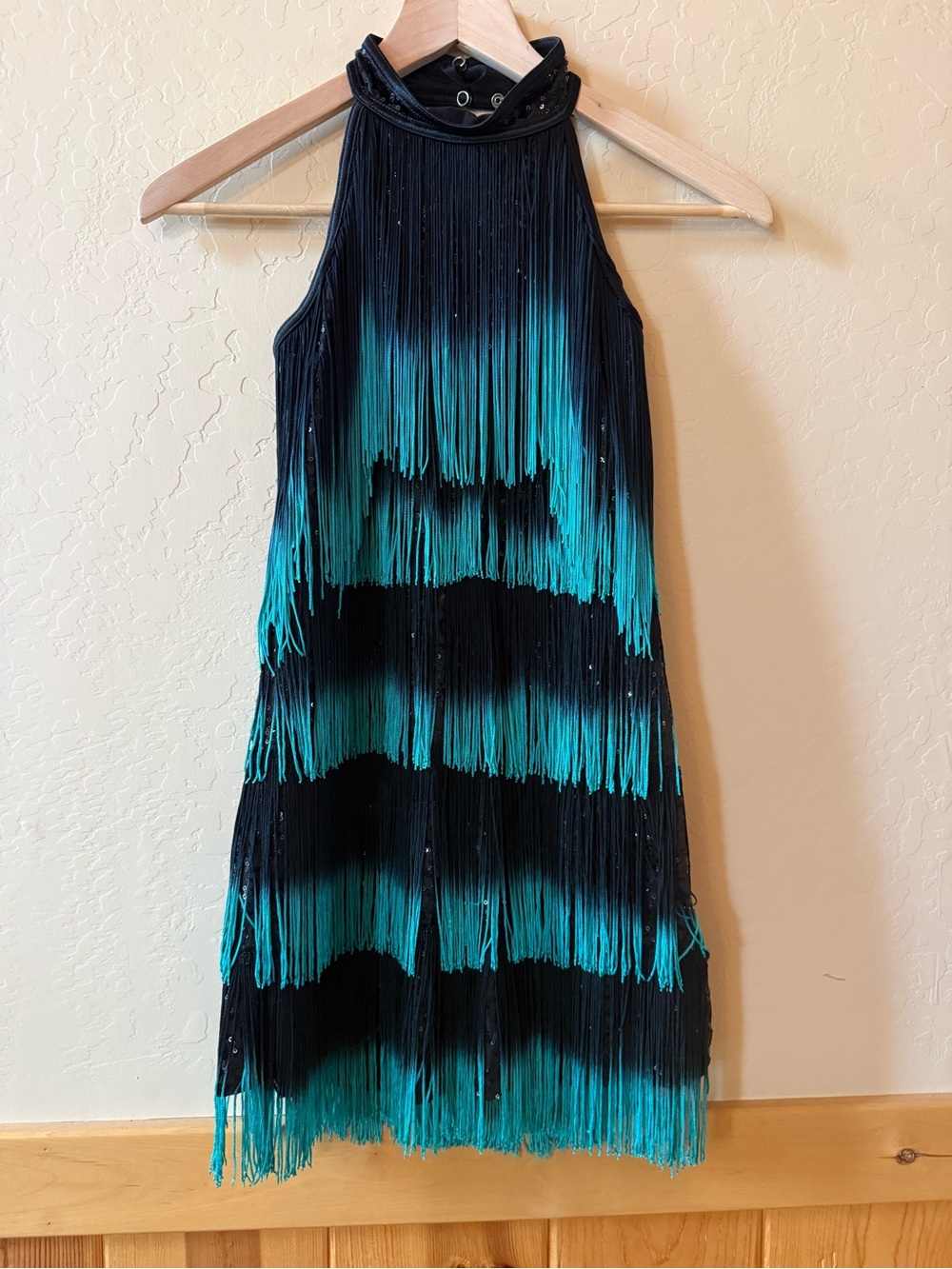 Weissman LC Black Turquoise Fringe Dance Costume Sequin Halter Jazz Lyrical